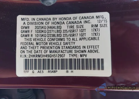 2016 Honda Cr-V Se z USA, uszkodzony, nr VIN 2HKRM3H49GH512907